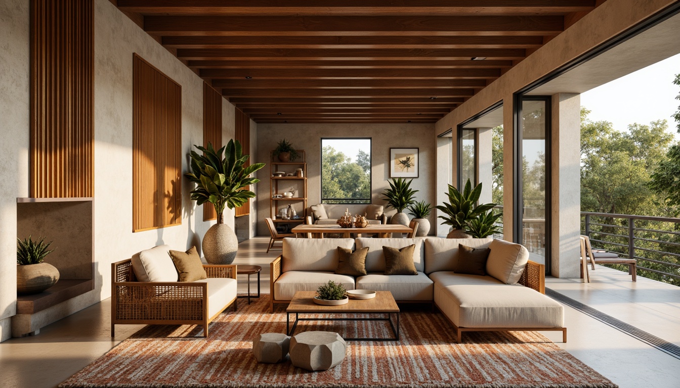 Prompt: Rich wood textures, natural stone walls, woven rattan furniture, plush velvet upholstery, geometric patterned rugs, organic shaped planters, minimalist decor, large windows, sliding glass doors, open-plan living spaces, natural materials, earthy color palette, soft warm lighting, shallow depth of field, 3/4 composition, realistic textures, ambient occlusion.