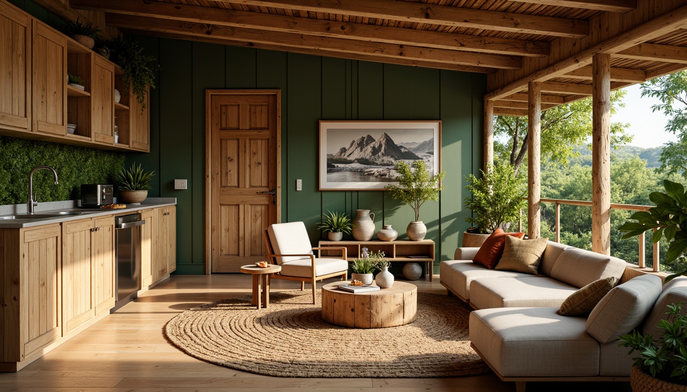 Prompt: Earth-toned cabin, reclaimed wood accents, living green walls, bamboo flooring, rattan furniture, jute rug, natural stone countertops, earthy color palette, organic shapes, minimal ornamentation, warm soft lighting, cozy atmosphere, shallow depth of field, 1/1 composition, realistic textures, ambient occlusion.