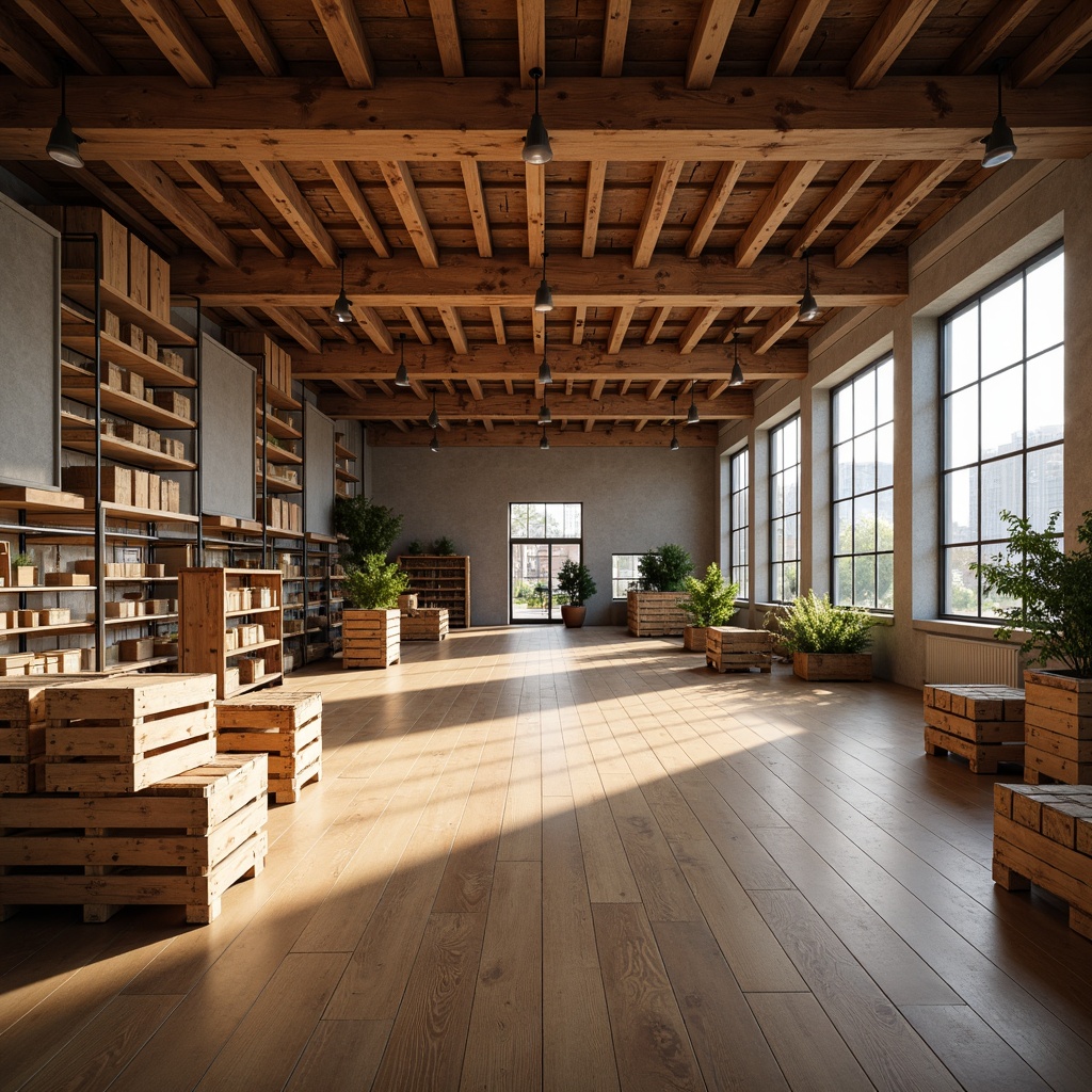 Prompt: Industrial distribution center interior, exposed wooden beams, polished wood flooring, rustic wood crates, reclaimed wood walls, modern metal shelving, minimalist decor, functional layout, high ceilings, large windows, natural daylight, warm ambient lighting, 1/1 composition, realistic textures, soft focus, earthy color palette.