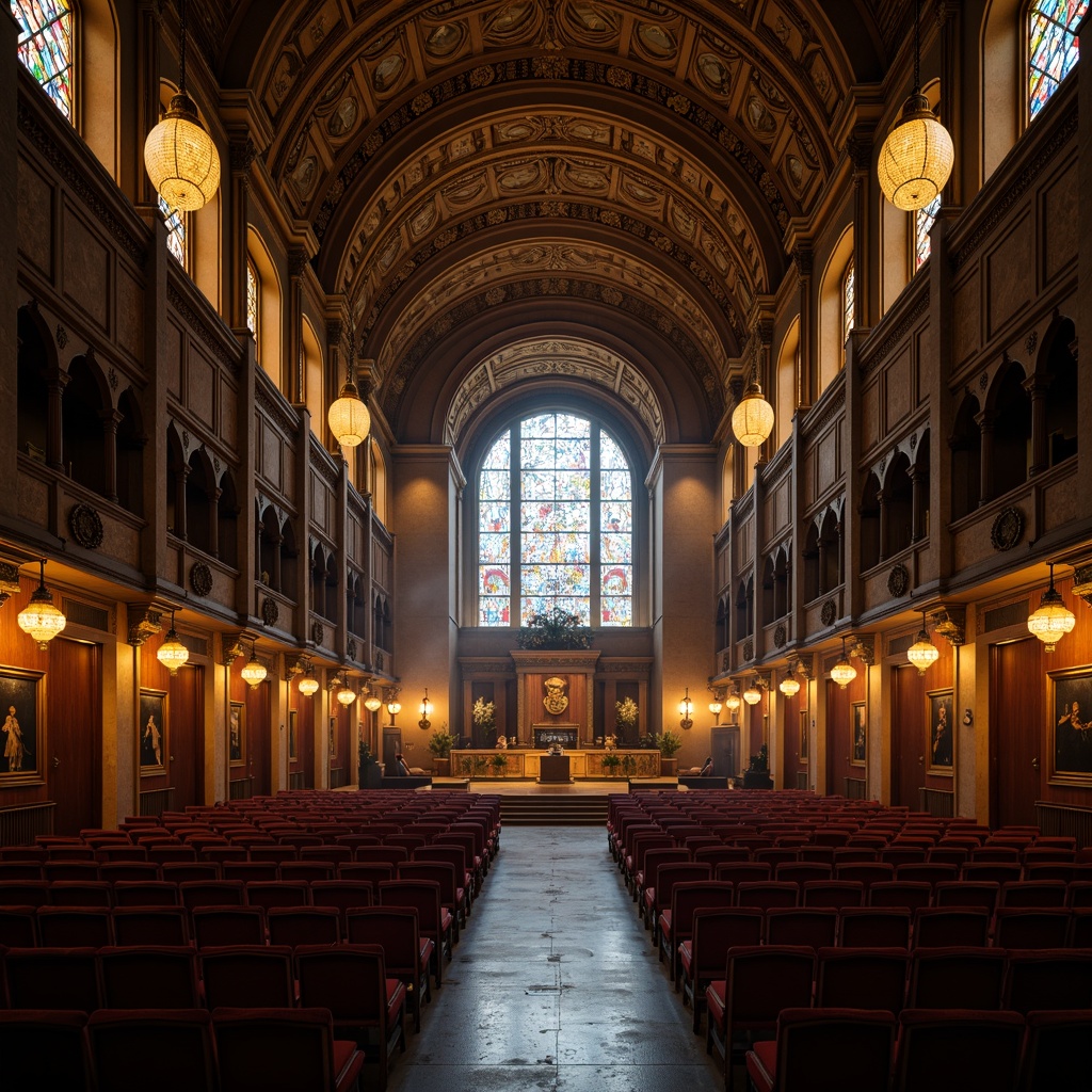 Prompt: Intricate stone carvings, grandiose vaulted ceilings, stained glass windows, dimly lit ambiance, rich wooden tones, ornate furnishings, plush velvet seats, curved rows of seating, tiered levels, central podium, majestic chandeliers, warm golden lighting, dramatic shadows, atmospheric fog effects, 1/2 composition, low-angle shot, cinematic mood, realistic reflections, subtle ambient occlusion.