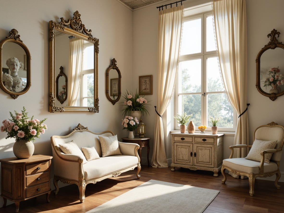 Prompt: Vintage distressed furniture, soft pastel colors, delicate lace trimmings, ornate mirrors, rustic wooden floors, cream-colored walls, antique decorative accents, porcelain vases, fresh flower arrangements, linen drapes, romantic candlelight, warm cozy atmosphere, shallow depth of field, 1/2 composition, intimate close-up shots, realistic textures, ambient occlusion.