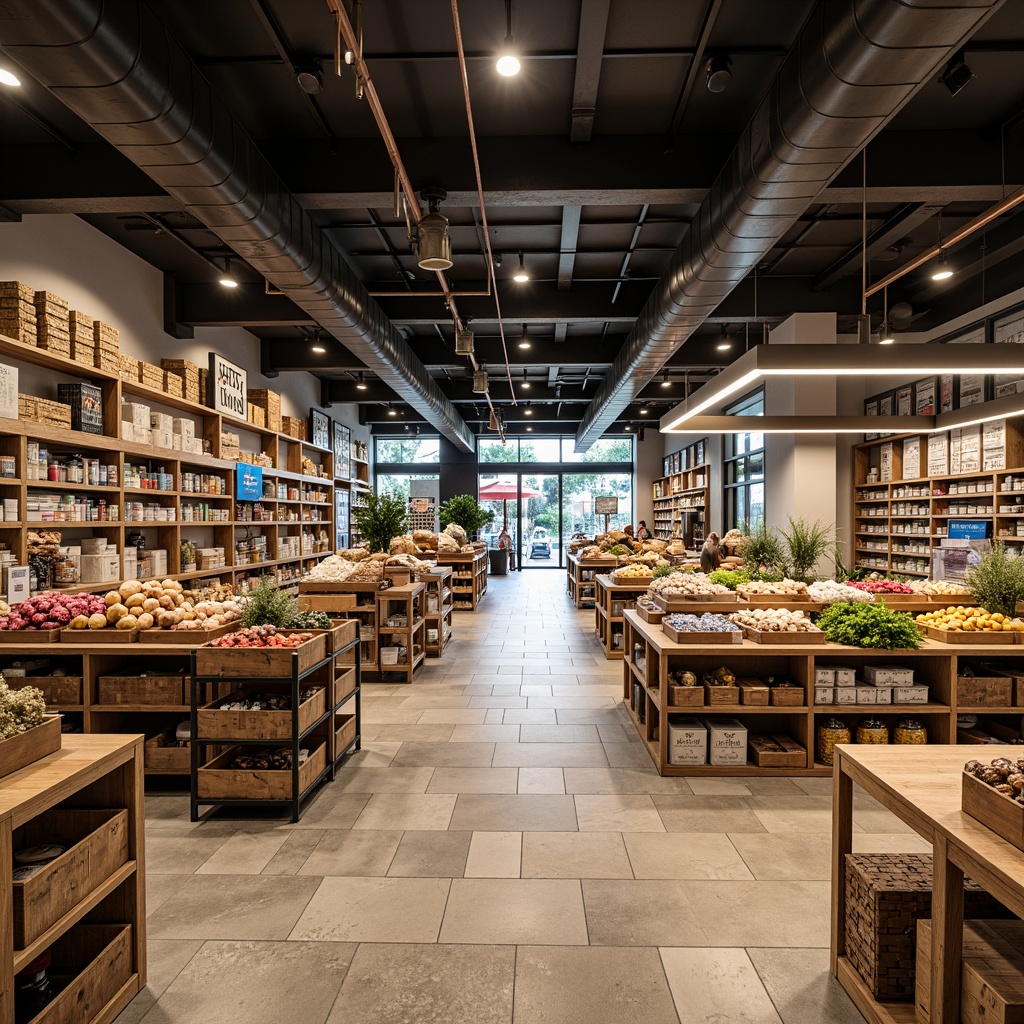 Prompt: Modern market interior, open floor plan, natural stone flooring, wooden accents, industrial lighting fixtures, exposed ductwork, minimalist decor, metallic shelving units, rustic wooden crates, vibrant product displays, bustling atmosphere, shallow depth of field, 1/2 composition, warm softbox lighting, realistic textures, ambient occlusion.