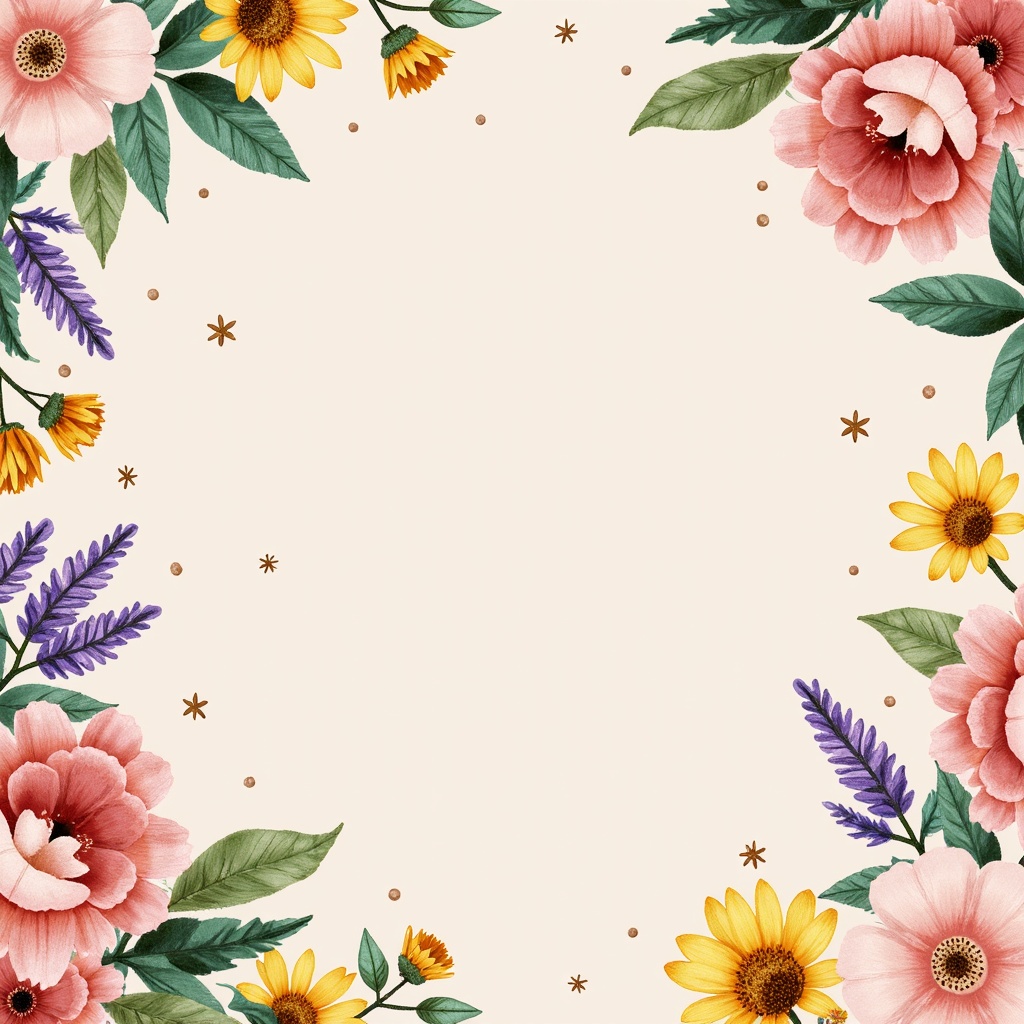 Prompt: Vibrant floral patterns, pastel hues, soft peach tones, gentle lavender shades, rich turquoise accents, warm beige backgrounds, elegant golden typography, subtle texture overlays, delicate watercolor effects, whimsical illustration styles, dreamy atmospheric lighting, 1/2 composition, intimate close-up shots, cinematic color grading.