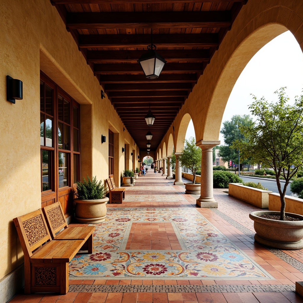 Prompt: Warm Mediterranean bus station, curved archways, ornate ironwork, terra cotta tiles, vibrant ceramic mosaics, wooden benches with ornate carvings, rustic stone columns, lush greenery, potted olive trees, natural stonewalls, earthy color palette, soft warm lighting, shallow depth of field, 3/4 composition, panoramic view, realistic textures, ambient occlusion.