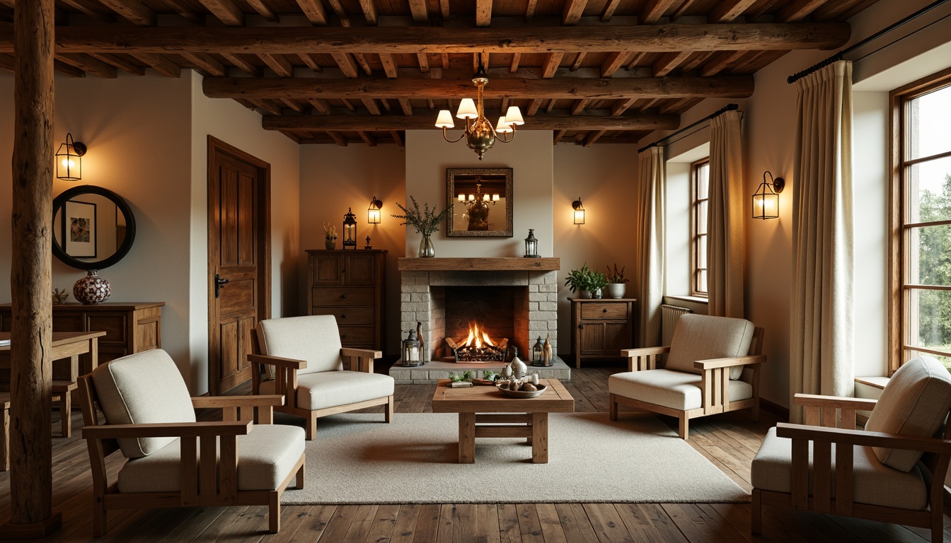 Prompt: Rustic farmhouse interior, warm soft lighting, vintage metal lanterns, wooden beams, natural stone walls, cozy fireplace, plush armchairs, distressed wood furniture, earthy color palette, pendant lamps, candlelight, ambient glow, warm beige tones, creamy whites, soft cream accents, 1/1 composition, shallow depth of field, realistic textures, atmospheric illumination.