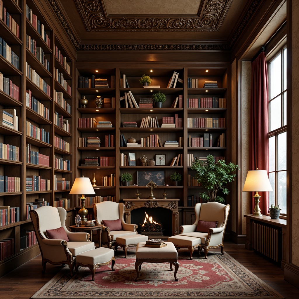 Prompt: Elegant bookshelves, ornate wooden carvings, rich brown leather bindings, vintage reading lamps, soft warm lighting, classic literary works, comfortable velvet armchairs, rustic wood flooring, tall ceilings, large windows, natural stone walls, neutral color palette, subtle gold accents, intricate moldings, luxurious fabrics, refined atmosphere, shallow depth of field, 2/3 composition, realistic textures, ambient occlusion.