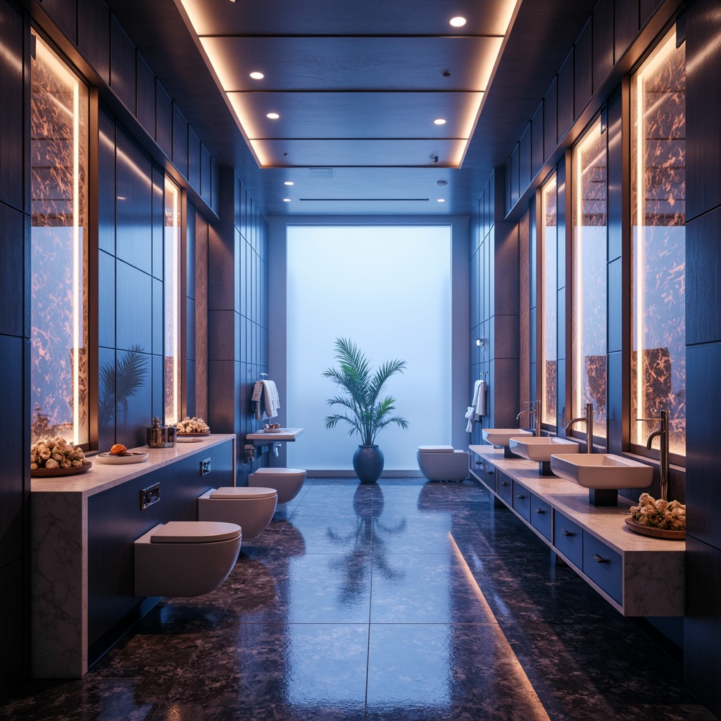 Prompt: Futuristic bathroom, sleek glass surfaces, metallic accents, neon lights, ambient glow, misty atmosphere, modern fixtures, wall-mounted toilets, floating sinks, geometric patterns, holographic displays, LED strips, chrome faucets, marble countertops, glossy ceramics, iridescent tiles, soft focus, shallow depth of field, 1/1 composition, high-key lighting, cinematic ambiance.