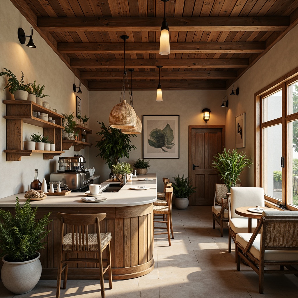 Prompt: Cozy farmhouse coffee shop, rustic wooden accents, earthy tones, warm beige walls, vintage metal signs, distressed wood furniture, soft cream-colored countertops, natural woven textiles, potted greenery, warm candlelight, comforting aroma, inviting atmosphere, shallow depth of field, 3/4 composition, realistic textures, ambient occlusion.