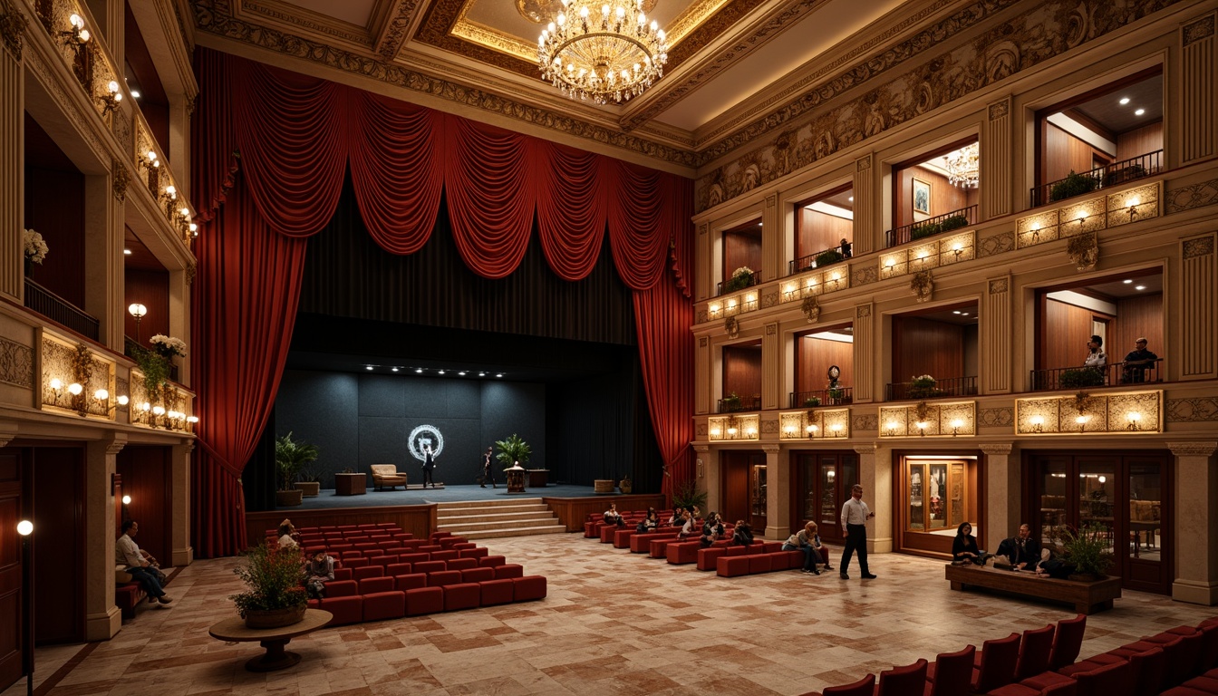 Prompt: Elegant theater interior, neoclassical architecture, ornate details, acoustic panels, sound-absorbing materials, velvet curtains, golden chandeliers, marble floors, grand staircase, intimate seating areas, rich wood tones, intricate moldings, warm ambient lighting, soft focused spotlights, 1/2 composition, shallow depth of field, realistic textures, subtle color palette.