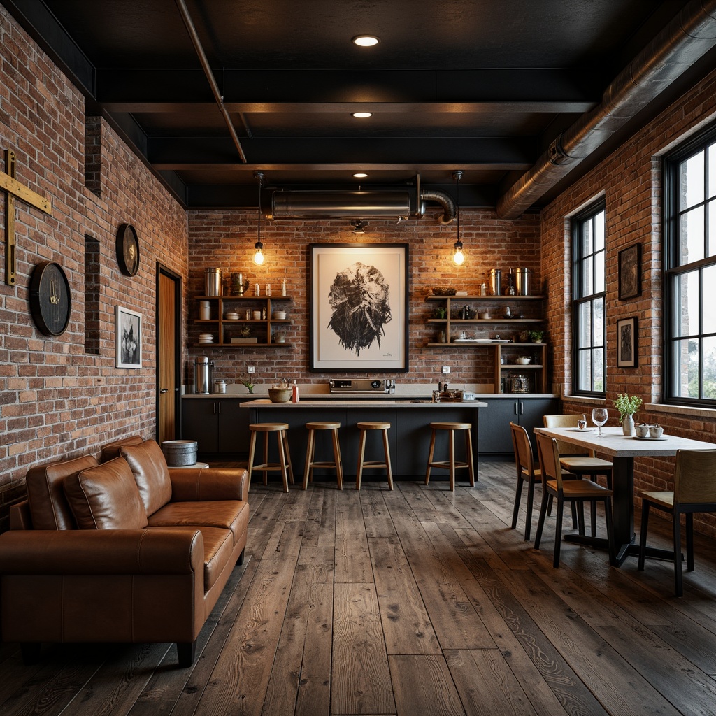 Prompt: Exposed brick walls, metal beams, reclaimed wood flooring, distressed leather sofas, industrial-chic lighting fixtures, vintage machinery parts, urban loft atmosphere, rough-hewn stone accents, concrete countertops, minimalist decor, functional shelving units, metallic tones, worn wooden crates, Edison bulbs, abstract art pieces, moody color palette, low-key ambient lighting, cinematic composition, shallow depth of field.