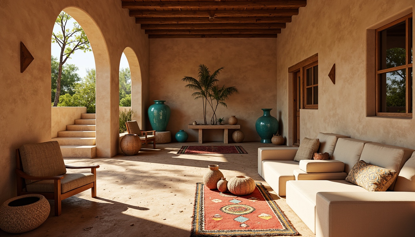 Prompt: Earthy southwestern interior, warm beige walls, rustic wooden accents, vibrant turquoise decorative accessories, soft sandy flooring, natural woven textiles, traditional Native American patterns, rich terracotta pottery, colorful kilim rugs, sunny daylit ambiance, warm golden lighting, shallow depth of field, 1/1 composition, realistic textures, ambient occlusion.