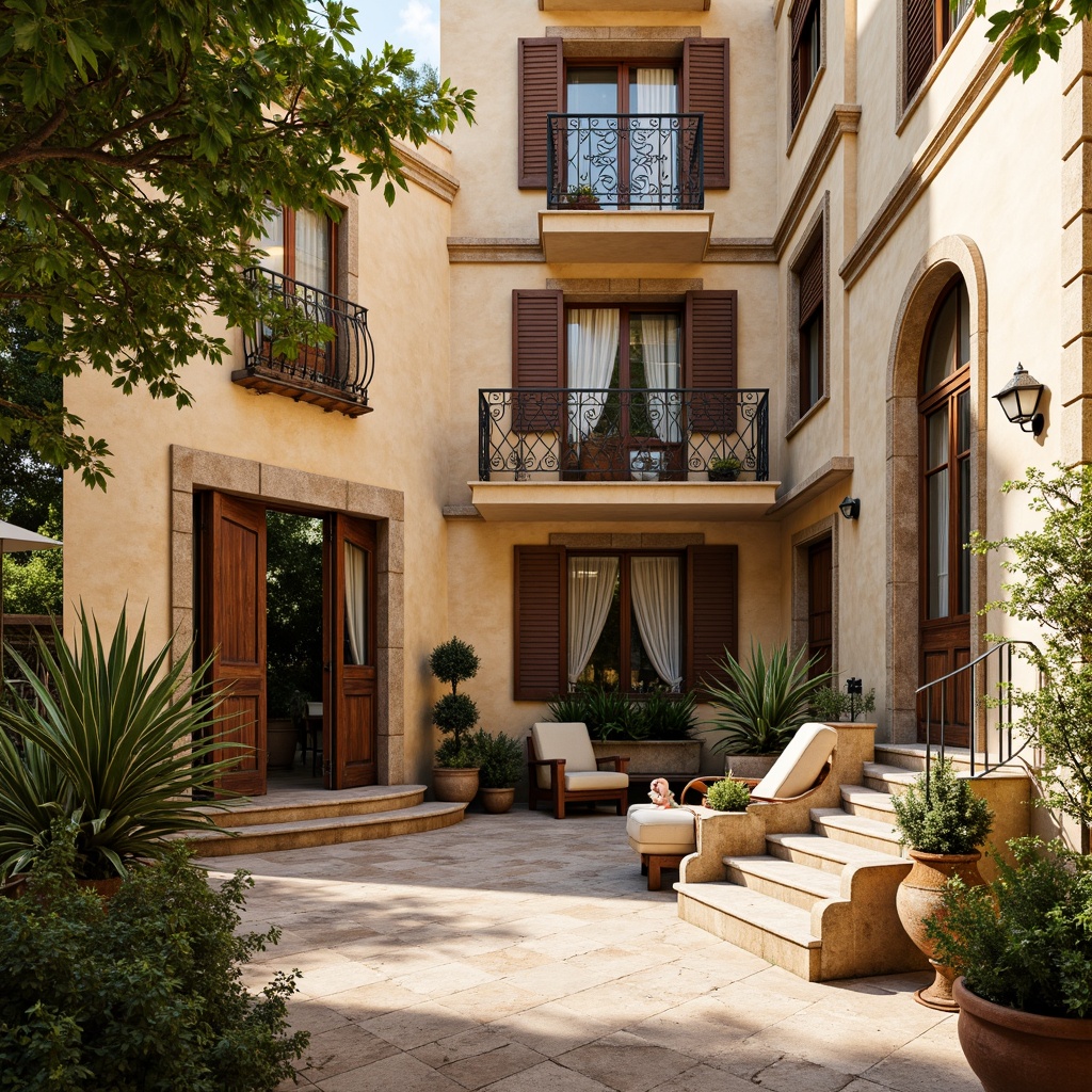 Prompt: Warm beige stucco walls, rustic stone accents, ornate wrought iron balconies, lush greenery, flowing drapery, soft natural lighting, warm earthy tones, distressed wooden shutters, vintage terra cotta pottery, elegant archways, refined columns, subtle texture variation, shallow depth of field, 3/4 composition, panoramic view, realistic textures, ambient occlusion.