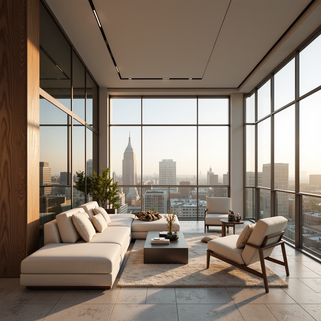 Prompt: Luxurious penthouse, sleek modern architecture, floor-to-ceiling windows, panoramic city views, lavish interior design, calming neutral tones, creamy whites, rich woods, metallic accents, soft pastel hues, velvety textures, subtle gradient effects, natural stone floors, sophisticated color blocking, 3/4 composition, warm golden lighting, shallow depth of field, realistic reflections.