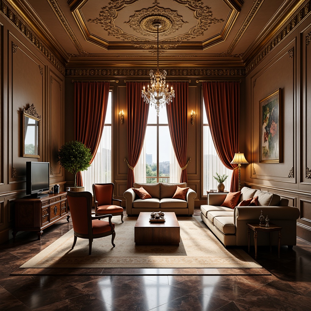 Prompt: Luxurious living room, ornate moldings, intricate carvings, golden accents, lavish furnishings, velvet drapes, crystal chandeliers, marble floors, rich wood tones, antique furniture pieces, soft warm lighting, dramatic shadows, 1/1 composition, shallow depth of field, realistic textures, ambient occlusion.