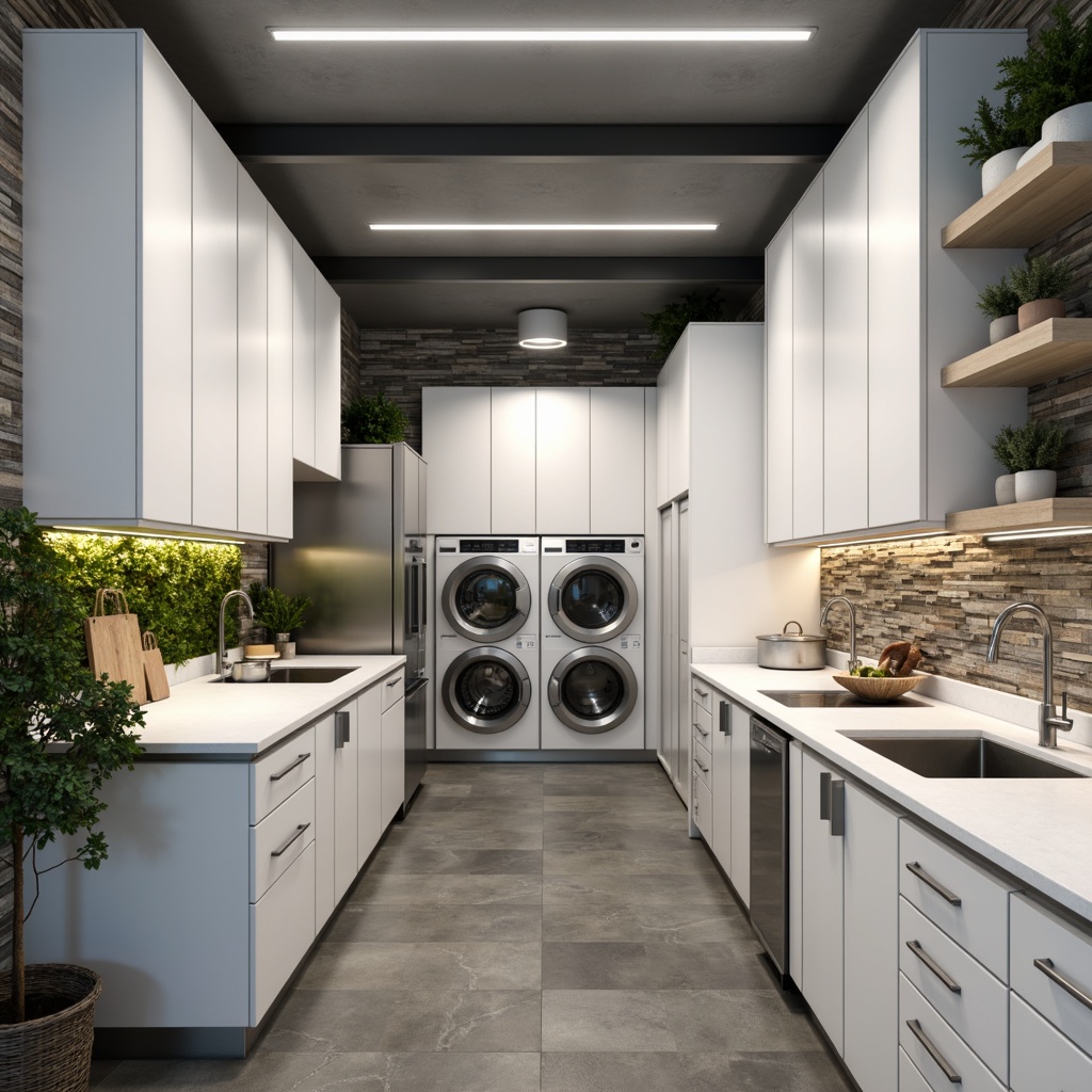 Prompt: Modern laundry room, sleek countertops, stainless steel appliances, minimalist cabinetry, white glossy finishes, LED lighting, industrial-style flooring, functional work surfaces, ergonomic sink basins, wall-mounted faucets, ample storage spaces, natural stone accents, greenery walls, urban loft style, neutral color palette, soft overhead lighting, 1/1 composition, realistic textures.