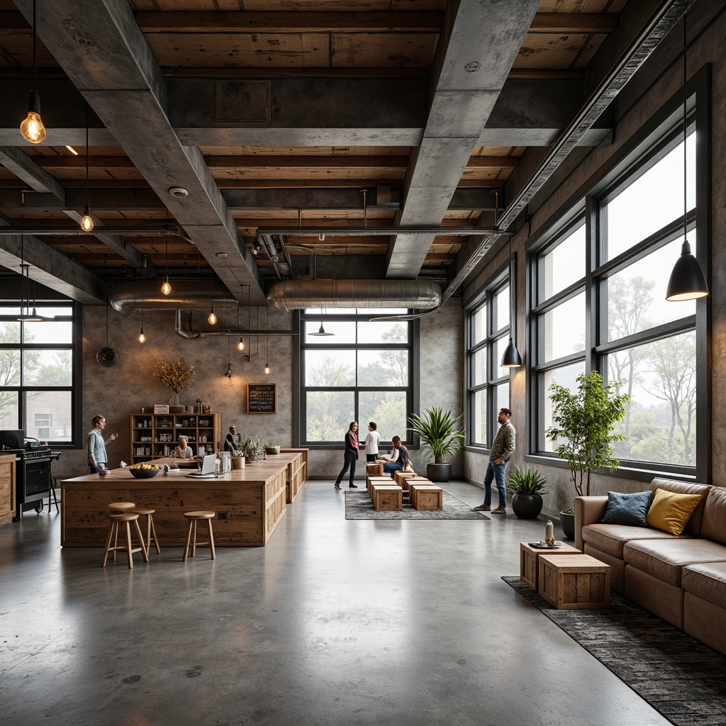 Prompt: Exposed ductwork, industrial metal beams, polished concrete floors, reclaimed wood accents, Edison bulb lighting, minimalist decor, open-plan layout, flexible workspaces, collaborative zones, rustic wooden crates, urban loft atmosphere, abundant natural light, large windows, steel roller doors, distressed finishes, brutalist architecture, functional simplicity, industrial heritage, modern functionality.