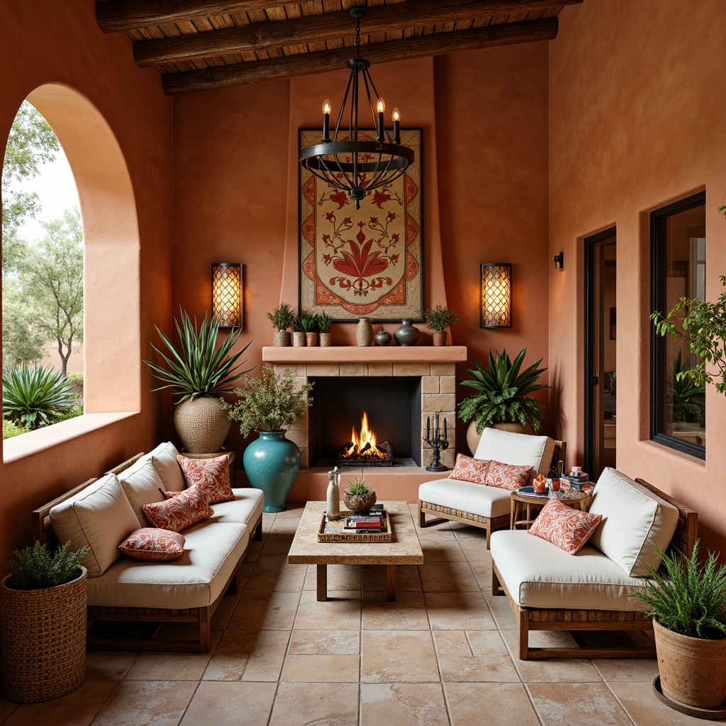 Prompt: Earthy southwestern interior, warm terracotta walls, rustic wooden accents, vintage turquoise decorative elements, woven natural fiber textiles, sandy beige floor tiles, soft golden lighting, warm cream-colored furniture, distressed leather upholstery, ornate metal fixtures, Talavera-inspired ceramic tiles, bold red and orange accent colors, lush greenery, nature-inspired patterns, organic shapes, ambient occlusion.