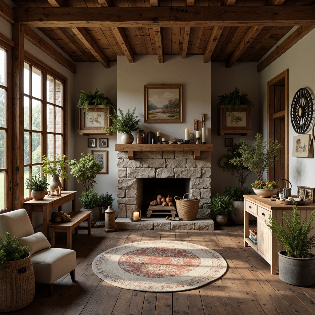 Prompt: Rustic farmhouse interior, reclaimed wood accents, distressed finishes, vintage metalware, earthy color palette, natural textiles, woven baskets, potted greenery, candles and lanterns, stone fireplace, wooden beams, country-style kitchen, antique furniture pieces, soft warm lighting, cozy atmosphere, shallow depth of field, 1/1 composition, realistic textures, ambient occlusion.