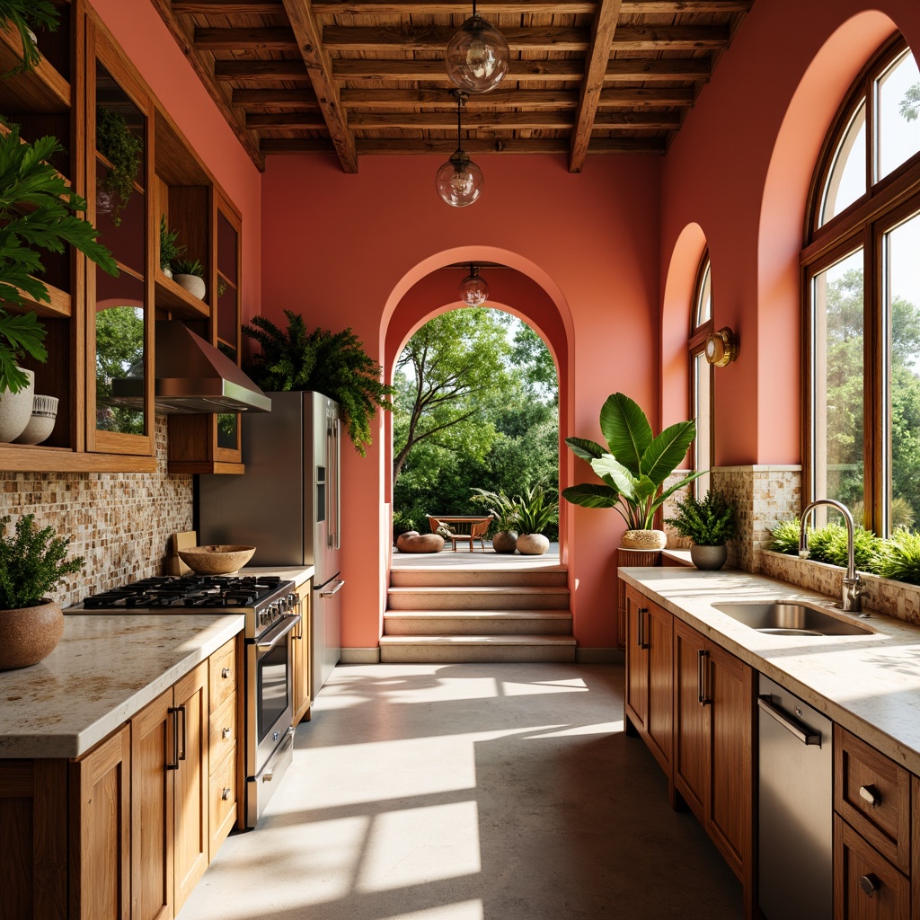 Prompt: Vibrant tropical kitchen, bright coral walls, exotic wood cabinets, polished chrome hardware, lush greenery, natural stone countertops, rich brown granite, creamy white marble, iridescent glass tiles, warm beige quartz, textured concrete finishes, rustic wooden floors, pendant lighting fixtures, soft warm ambiance, shallow depth of field, 1/1 composition, realistic textures, ambient occlusion.