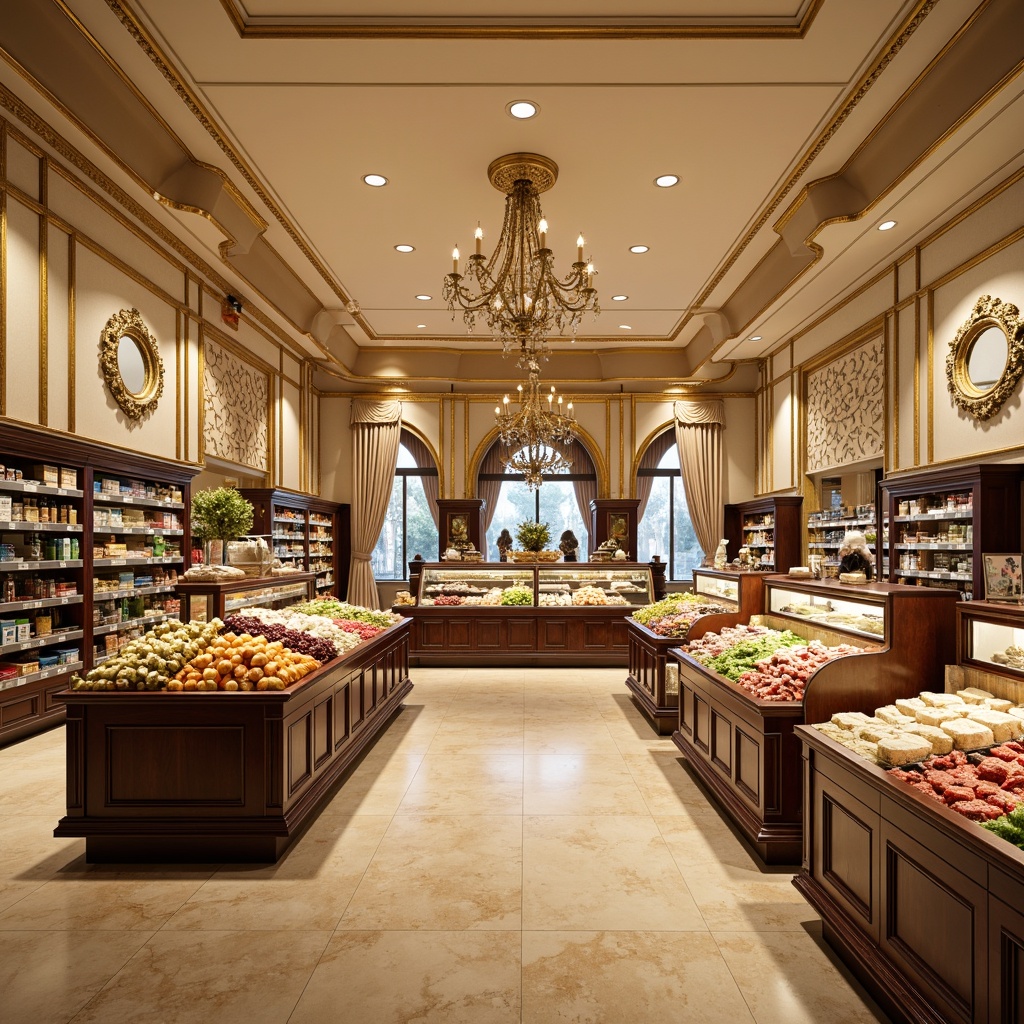 Prompt: Luxurious grocery store interior, ornate golden accents, soft creamy whites, rich wood tones, lavish velvet textiles, intricate Baroque patterns, opulent crystal chandeliers, warm beige marble floors, abundant fresh produce displays, decorative ornamental mirrors, elegant curved lines, subtle pastel hues, whimsical French-inspired decor, warm candlelight ambiance, shallow depth of field, 1/1 composition, realistic textures, ambient occlusion.