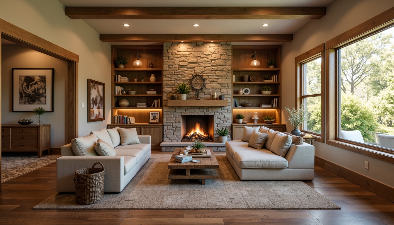 Prompt: Cozy family room, warm beige walls, comfortable sectional sofa, wooden coffee table, plush area rug, soft warm lighting, large windows, natural stone fireplace, built-in shelving units, rustic wood accents, inviting atmosphere, durable hardwood flooring, textured carpeting, easy-to-clean laminate surfaces, subtle patterned tiles, warm earthy tones, relaxing ambiance.