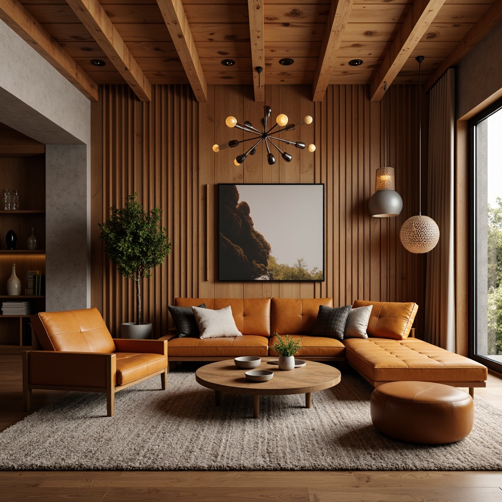 Prompt: Mid-century modern living room, retro-inspired furniture, warm wooden accents, sleek lines, organic shapes, pendant lamps, sputnik chandeliers, globe pendants, geometric metal shades, textured glass diffusers, minimalist ceiling fixtures, soft warm lighting, cozy ambient glow, subtle color temperature, 1/1 composition, realistic materials, detailed textures.