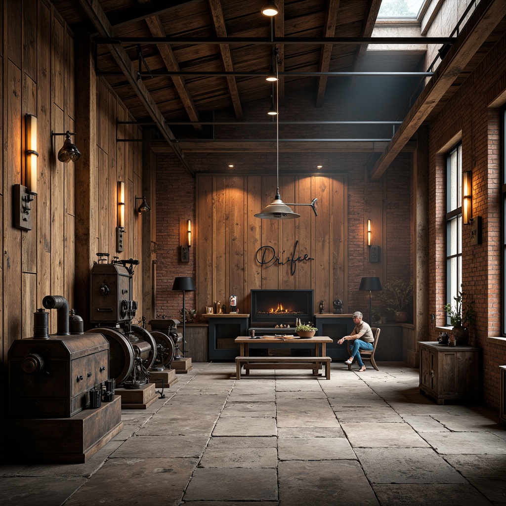 Prompt: Rustic industrial warehouse, distressed wooden planks, exposed brick walls, metal beam ceilings, reclaimed wood accents, vintage machinery parts, earthy color palette, matte finishes, rough-hewn stone floors, minimalist lighting fixtures, moody atmospheric lighting, shallow depth of field, 1/1 composition, realistic textures, ambient occlusion.