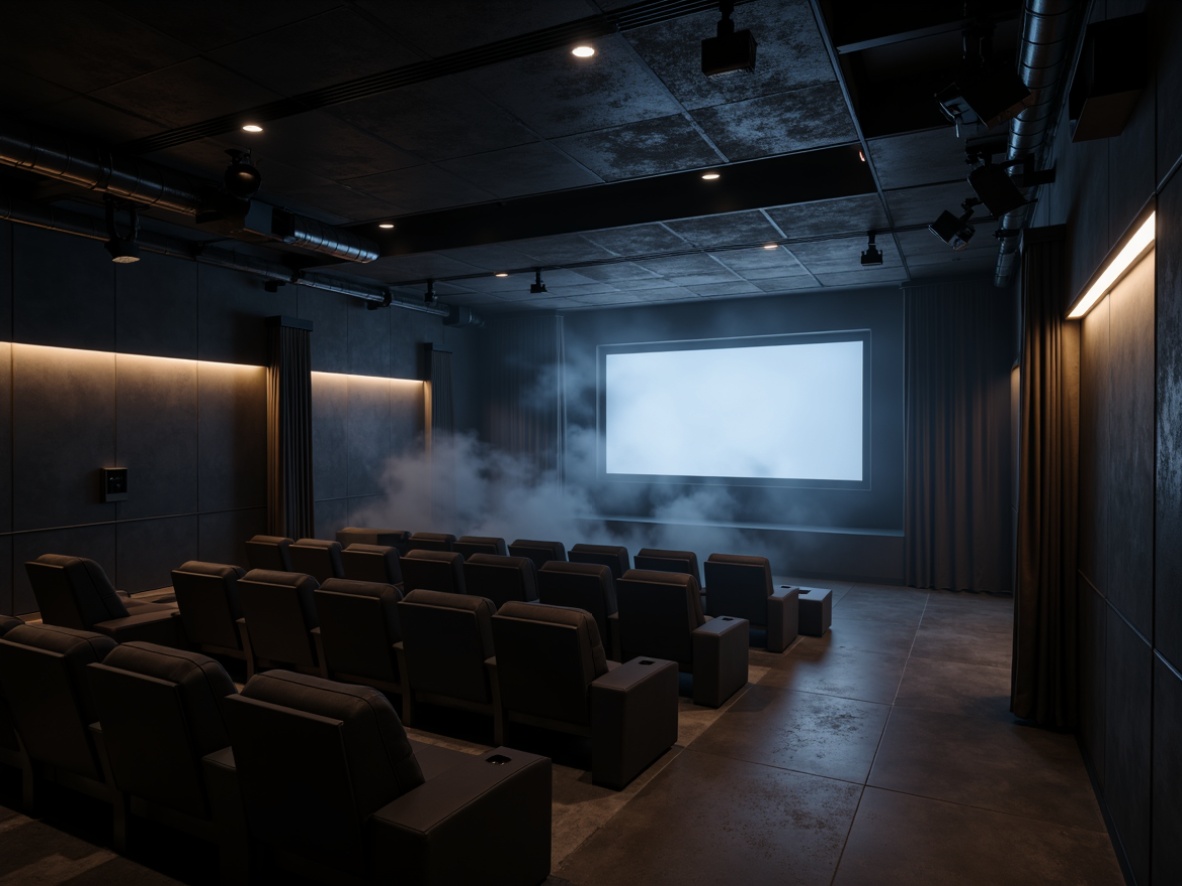 Prompt: Darkened cinema interior, minimalist decor, sleek lines, low-ceiling, monochromatic color scheme, industrial metal beams, exposed ductwork, polished concrete floors, subtle ambient lighting, soft warm glow, floor-to-ceiling windows, cinematic LED screens, modern minimalist seating, luxurious velvet curtains, atmospheric fog effects, high-contrast shading, dramatic spotlighting, cinematic camera angles, shallow depth of field, 2.39