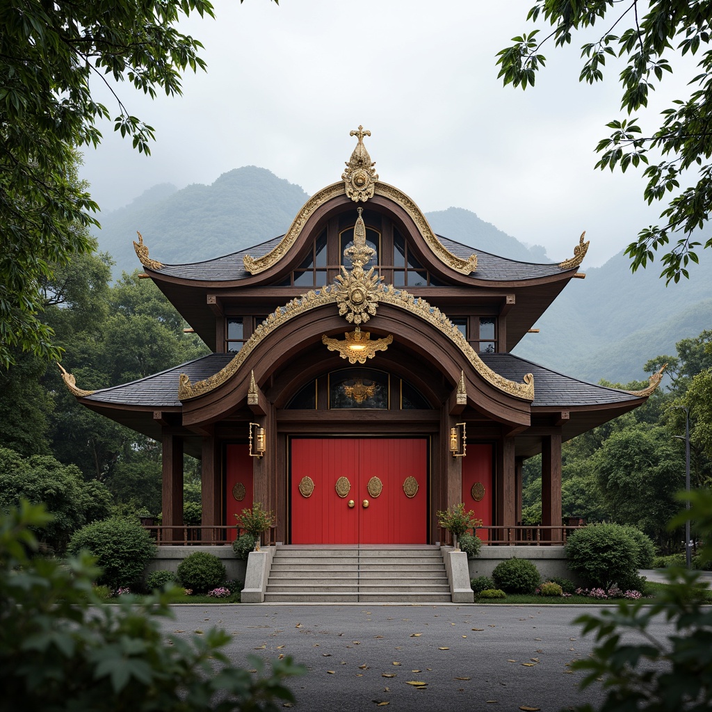 Prompt: \Traditional Asian-style church, ornate Buddhist temple, vibrant red doors, golden accents, intricate wood carvings, curved rooflines, pagoda-inspired architecture, serene natural surroundings, misty mountains, lush greenery, bamboo forests, peaceful atmosphere, warm soft lighting, shallow depth of field, 3/4 composition, realistic textures, ambient occlusion.\