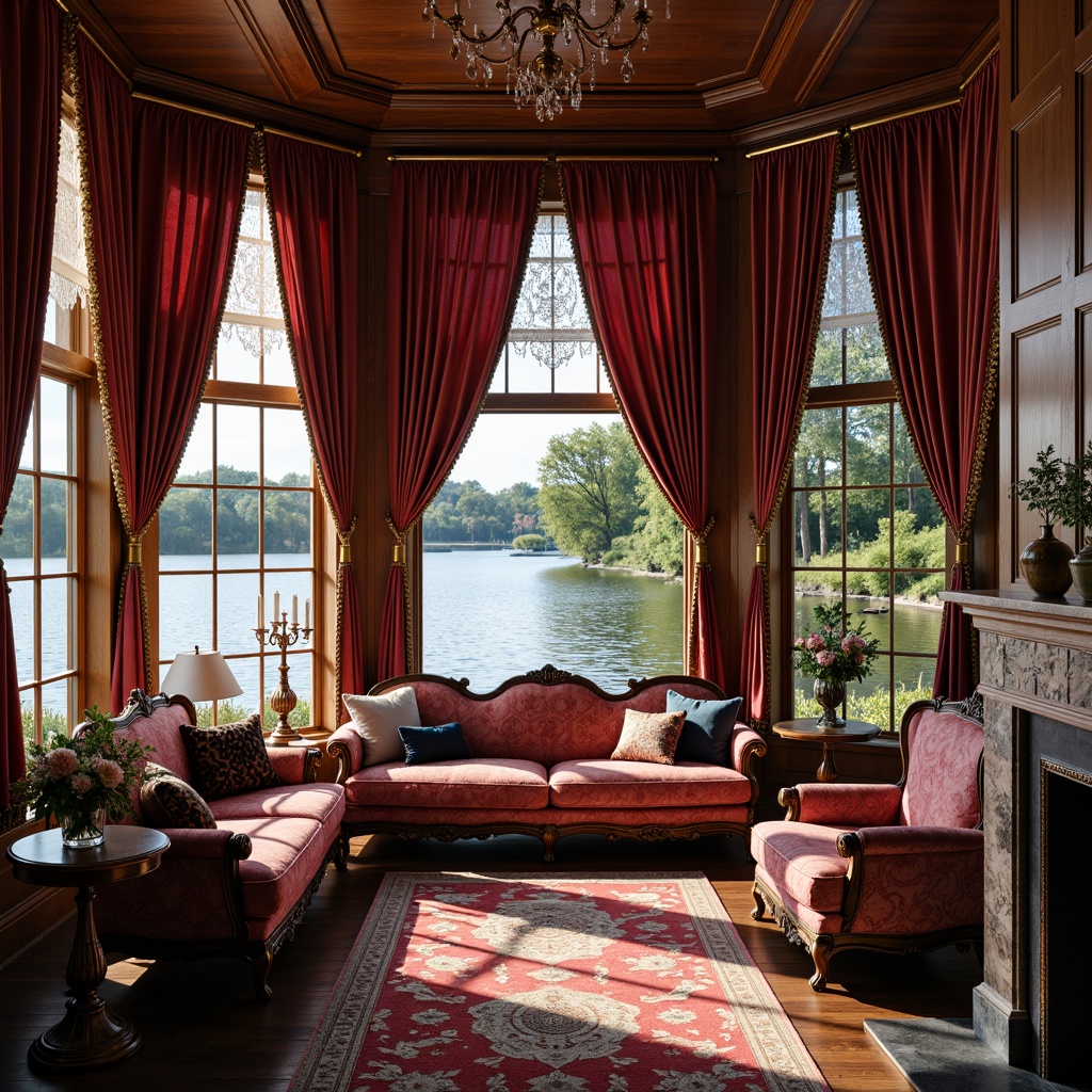 Prompt: \Opulent boathouse interior, rich wood accents, ornate Victorian details, plush velvet drapes, tassel-trimmed curtains, stained glass windows, delicate lace valances, floor-to-ceiling drapery rods, golden hardware, intricate floral patterns, soft warm lighting, cozy reading nooks, luxurious fabrics, antique furniture pieces, distressed wood finishes, elegant candelabras, serene lake views, natural stone fireplaces, grand chandeliers, 1/2 composition, shallow depth of field, realistic textures, ambient occlusion.\