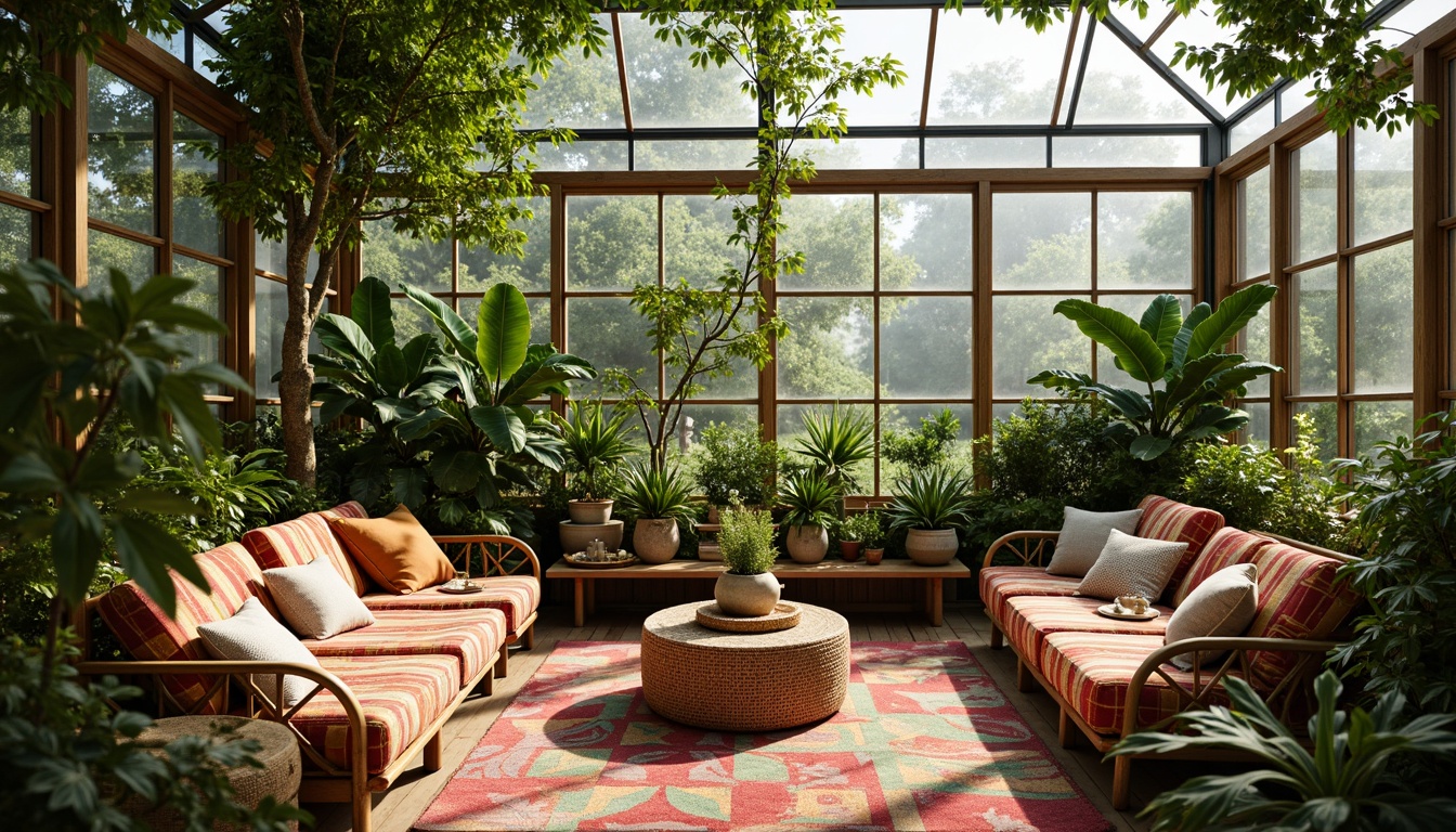 Prompt: Cozy greenhouse interior, lush greenery, natural light, comfortable seating areas, vibrant colorful textiles, soft cushions, woven baskets, rattan furniture, earthy tones, organic patterns, eco-friendly fabrics, breathable materials, moisture-wicking properties, thermal insulation, acoustic comfort, warm ambiance, intimate atmosphere, 1/2 composition, shallow depth of field, realistic textures, ambient occlusion.