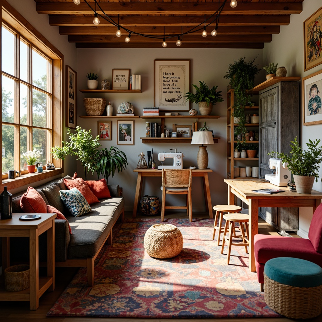 Prompt: Cozy craft room, natural wood furniture, woven baskets, vibrant colorful textiles, eclectic patterns, soft warm lighting, comfortable seating areas, wooden worktables, scattered sewing machines, balls of yarn, rolls of fabric, threads and needles, inspirational quotes, decorative shelves, storage cabinets, earthy tone walls, rustic metal decor, relaxed atmosphere, shallow depth of field, 1/2 composition, warm color palette.