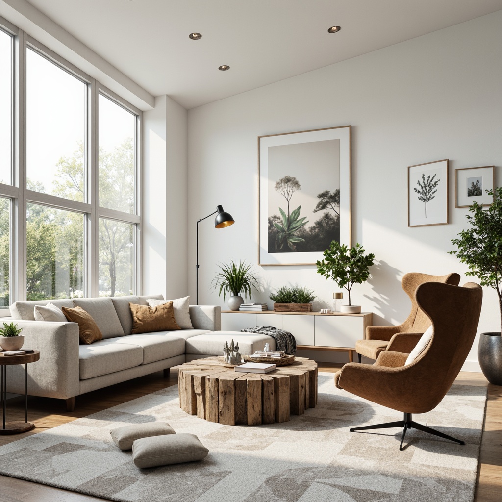 Prompt: Modern minimalist living room, sleek low-profile sofa, tufted velvet armchair, reclaimed wood coffee table, industrial metal floor lamp, abstract geometric pattern rug, creamy white walls, large windows, natural light, airy atmosphere, Scandinavian-inspired decor, monochromatic color scheme, brass accents, textured throw pillows, greenery, potted plants, botanical prints.