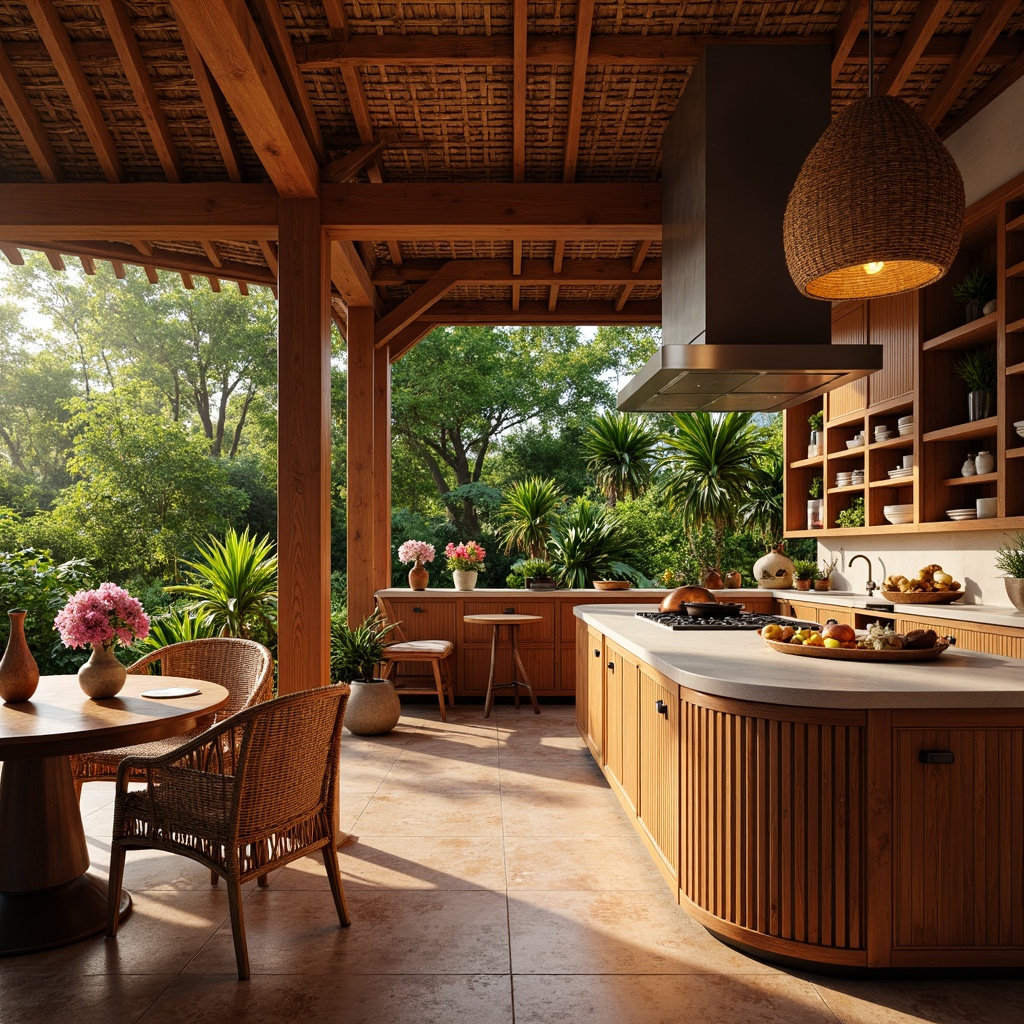 Prompt: Tropical kitchen, warm wood tones, rich mahogany cabinetry, exotic hardwood island, rattan pendant lights, woven wicker furniture, natural stone countertops, earthy terracotta flooring, lush greenery, vibrant floral arrangements, soft warm lighting, 1/1 composition, realistic textures, ambient occlusion.