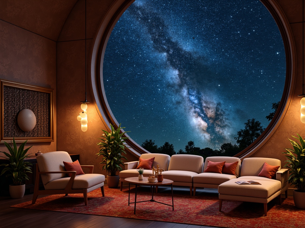 Prompt: Celestial planetarium, starry night sky, curved architecture, mid-century modern furniture, sleek wooden legs, tufted upholstery, geometric patterns, bold color schemes, ambient lighting, cozy reading nooks, plush throw pillows, minimalist coffee tables, rounded armchairs, statement light fixtures, retro-futuristic vibes, 3/4 composition, shallow depth of field, warm soft focus, realistic textures, atmospheric glow.