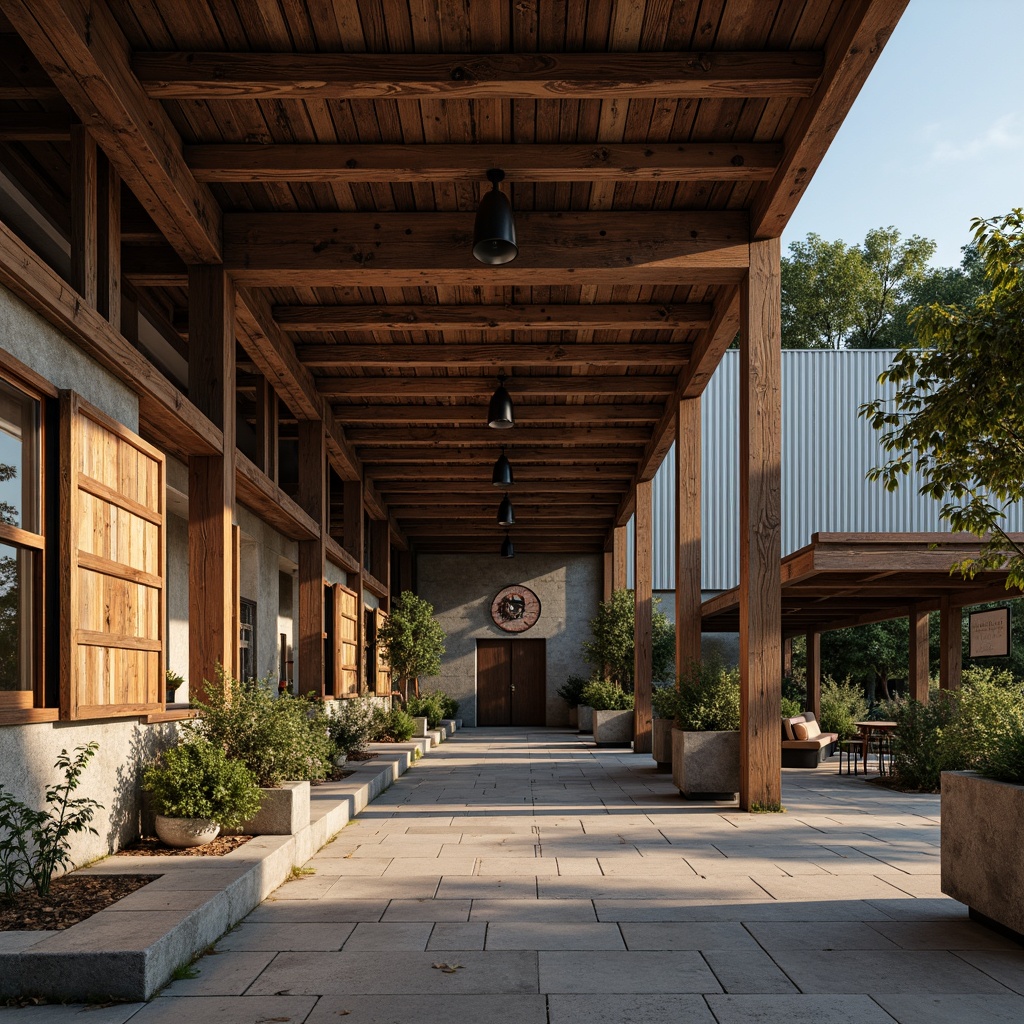 Prompt: Rustic steel-framed building, exposed beams, reclaimed wood accents, metal roofing, corrugated iron walls, earthy color palette, natural stone foundations, overhanging eaves, wooden shutters, vintage metal signs, distressed finishes, warm cozy lighting, shallow depth of field, 1/2 composition, soft focus, atmospheric perspective.