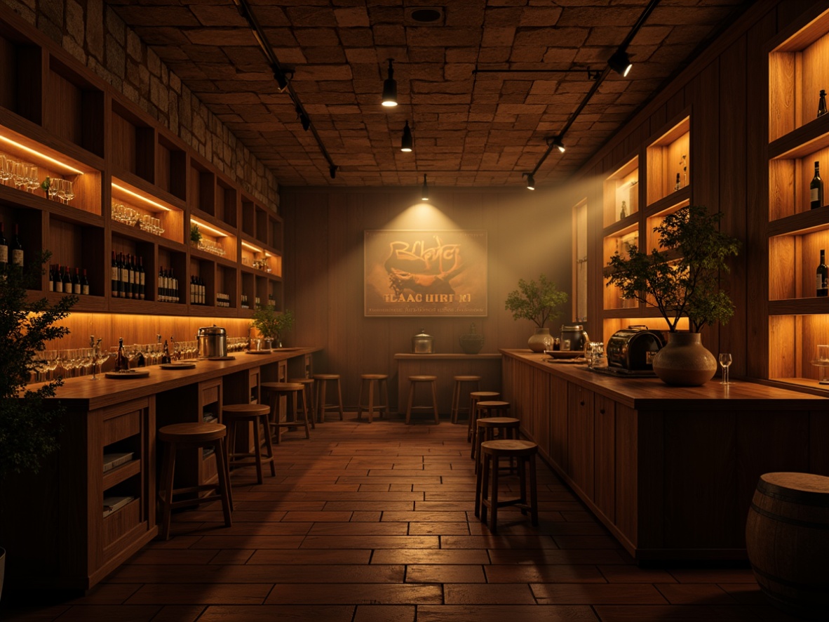 Prompt: Dimly lit wine cellar, rustic stone walls, wooden barrel racks, ambient warm glow, soft golden lighting, intimate atmosphere, rich wood tones, vintage wine bottles, elegant glassware, sophisticated furnishings, refined textures, subtle shading, atmospheric mist, mysterious ambiance, dramatic spotlights, 1/1 composition, realistic reflections, luxurious feel.