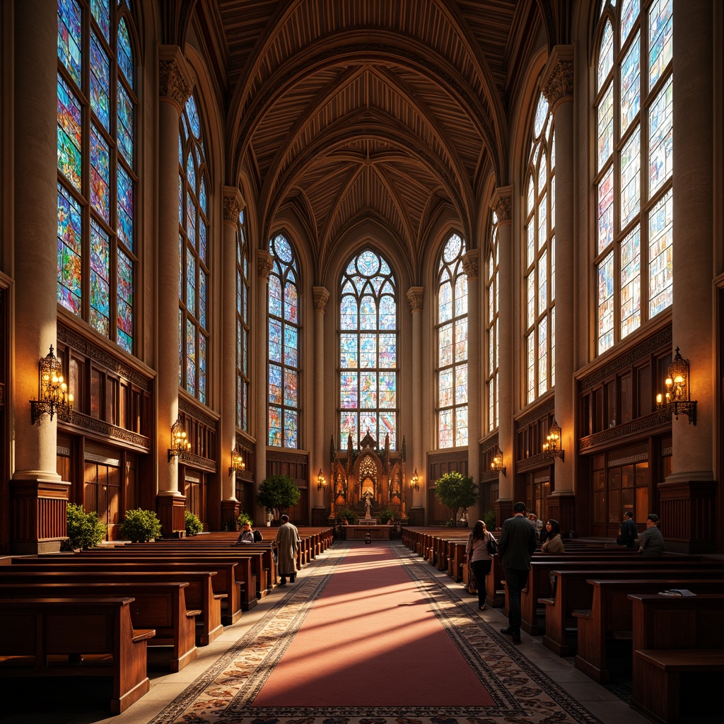 Prompt: Vibrant stained glass windows, intricate Gothic arches, majestic cathedral ceilings, ornate stone carvings, grand chandeliers, luxurious velvet drapes, rich wooden paneling, dramatic spotlights, warm golden lighting, high-contrast shadows, 1/2 composition, symmetrical framing, detailed textures, subtle reflections, mystical ambiance.