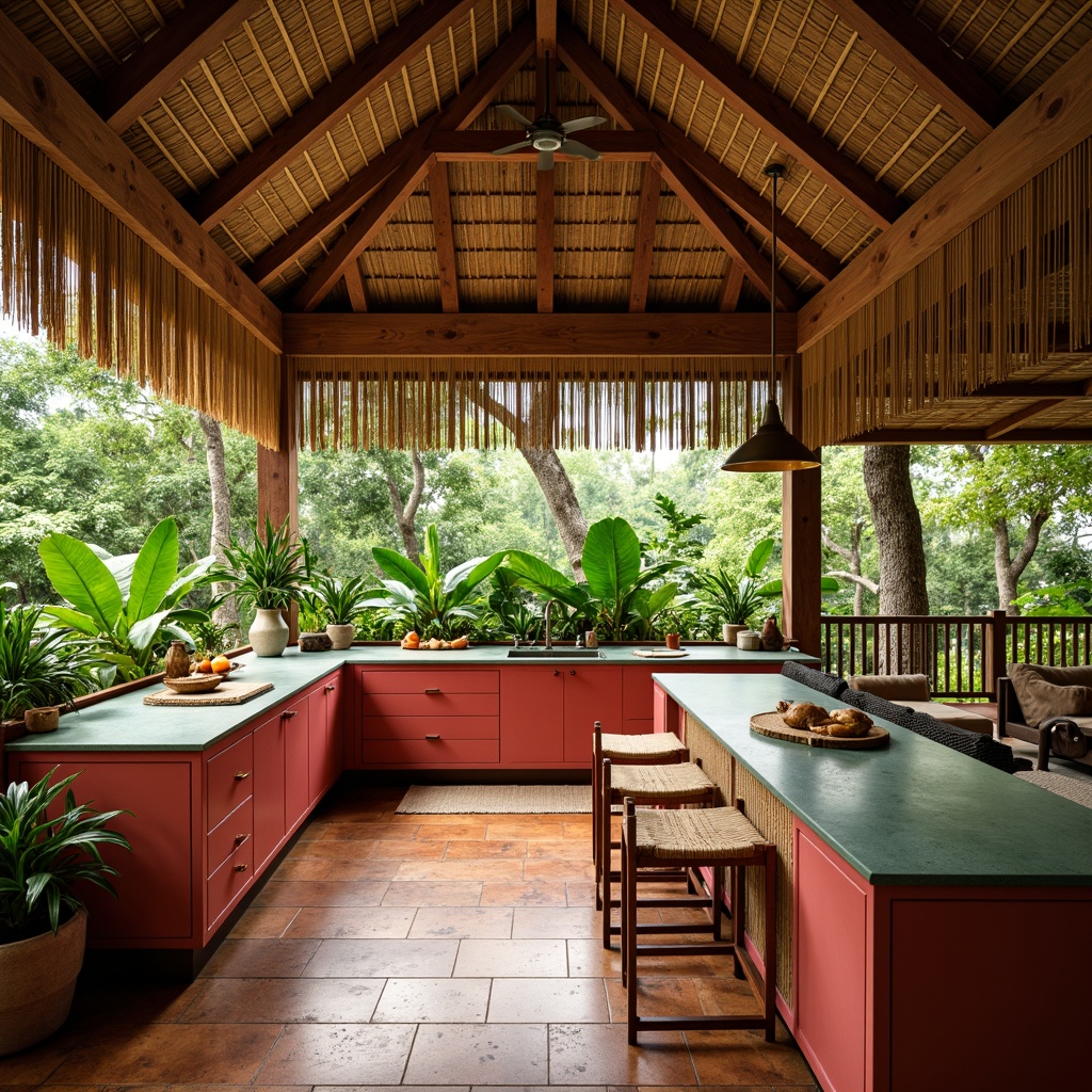 Prompt: Vibrant tropical kitchen space, warm wooden flooring, exotic hardwood species, rich brown tones, natural textures, woven rattan patterns, earthy ceramic tiles, bright coral-inspired hues, ocean-blue glass accents, lush greenery surroundings, pendant lighting fixtures, island-style cabinetry, bamboo-inspired decor, woven fibers, natural materials, airy open layout, shallow depth of field, 1/1 composition, warm soft lighting, realistic wood textures.