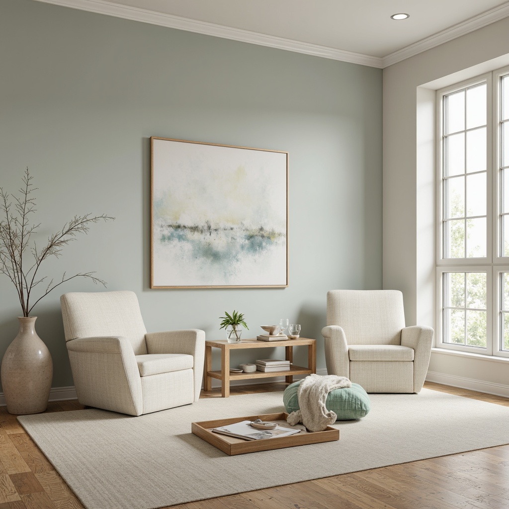 Prompt: Soft light gray walls, creamy white accents, warm beige furniture, pale blue undertones, gentle mint highlights, natural wood textures, subtle linen patterns, softbox lighting, 1/2 composition, shallow depth of field, warm atmospheric perspective, serene ambiance, calming color harmony.