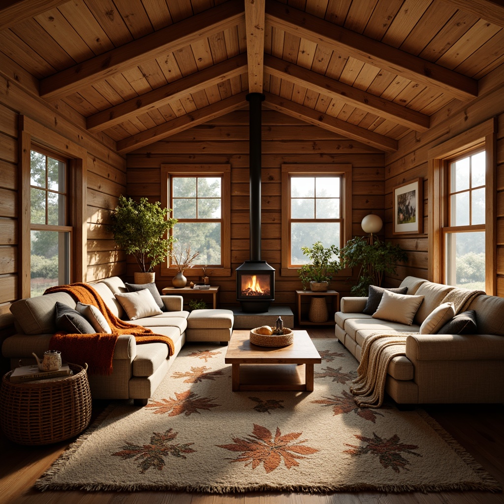 Prompt: Cozy cabin, rustic wooden walls, plush throw blankets, soft velvet sofas, warm beige carpets, crackling fireplace, woven wicker furniture, natural fiber rugs, earthy tone color palette, autumnal leaf patterns, golden lighting, shallow depth of field, 1/1 composition, intimate atmosphere, realistic textures, ambient occlusion.