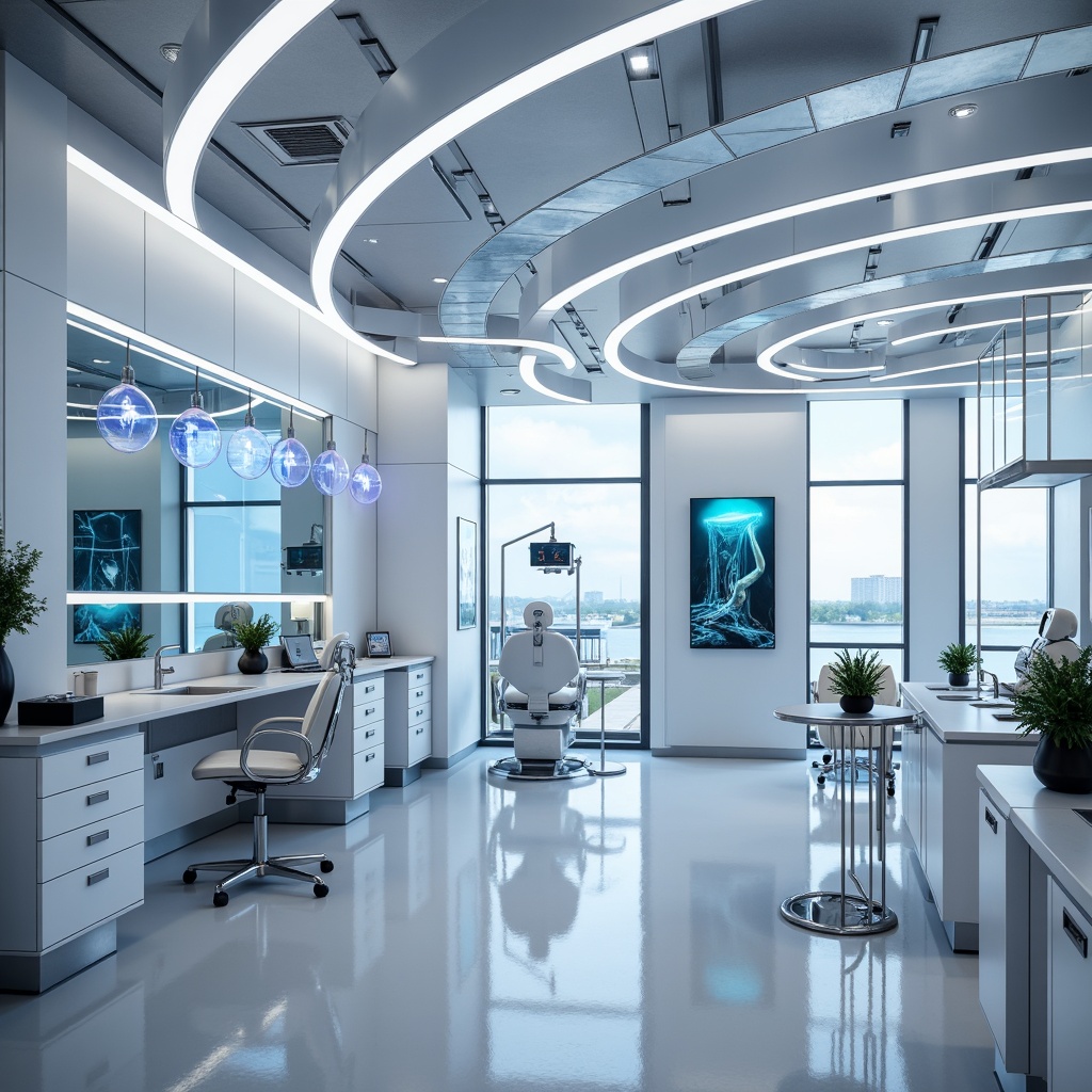 Prompt: Futuristic dental clinic interior, sleek metal lighting fixtures, curved LED strips, glowing ambient orbs, minimalist suspended lamps, neon-colored accents, polished chrome details, high-gloss floors, futuristic dentist chairs, holographic displays, virtual reality headsets, sterile white surfaces, antibacterial coatings, soft blue undertone lighting, 1/1 composition, shallow depth of field, realistic reflections, ambient occlusion.