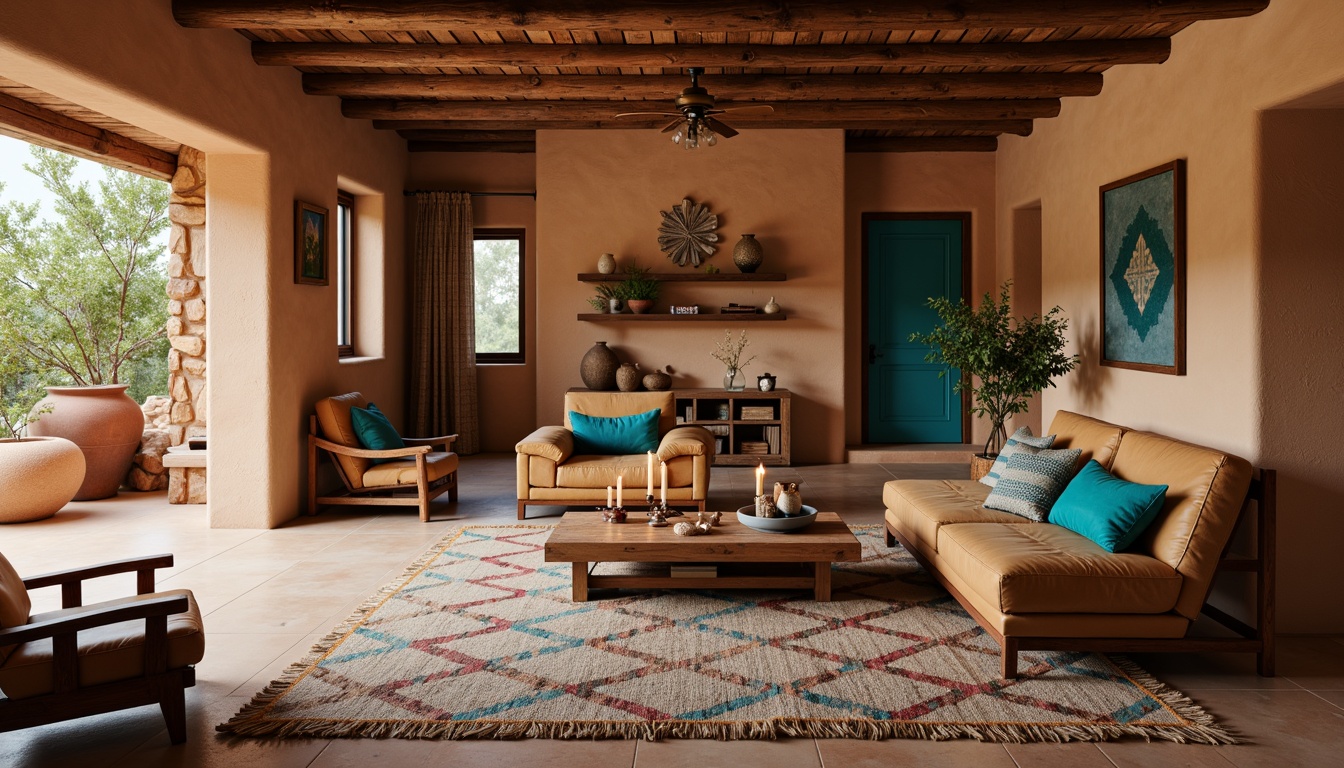 Prompt: Earth-toned adobe buildings, rustic wooden furniture, vibrant turquoise accents, woven Navajo patterns, plush suede upholstery, distressed leather armchairs, wooden ladderback chairs, clay pottery vases, natural fiber rugs, geometric patterned blankets, warm candle lighting, shallow depth of field, 3/4 composition, realistic textures, ambient occlusion.