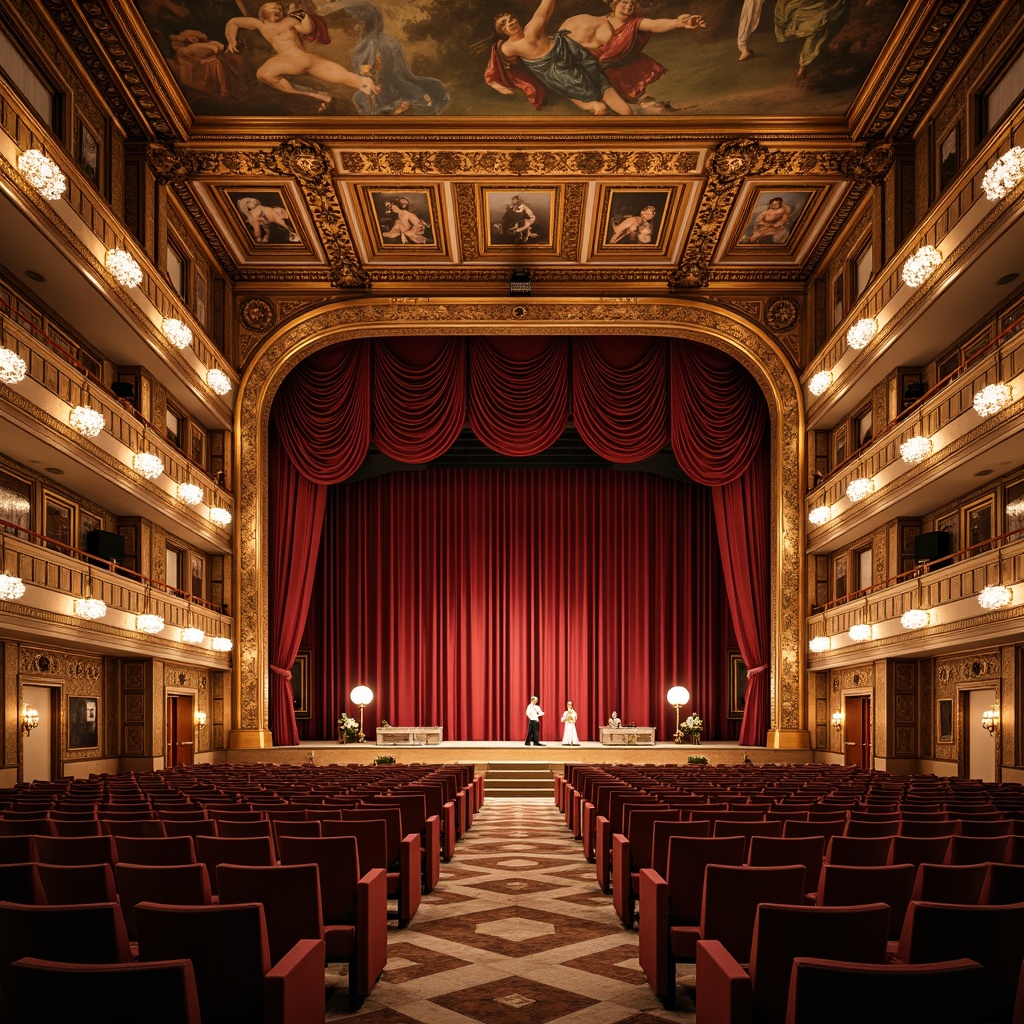 Prompt: Intricate ornate moldings, grand theater stage, neoclassical architecture, opulent chandeliers, lavish velvet curtains, gilded frames, ornamental frescoes, marble floors, sweeping staircases, imposing columns, dramatic archways, luxurious fabrics, rich wood tones, warm golden lighting, high contrast ratio, shallow depth of field, 1/2 composition, symmetrical framing, realistic textures, ambient occlusion.