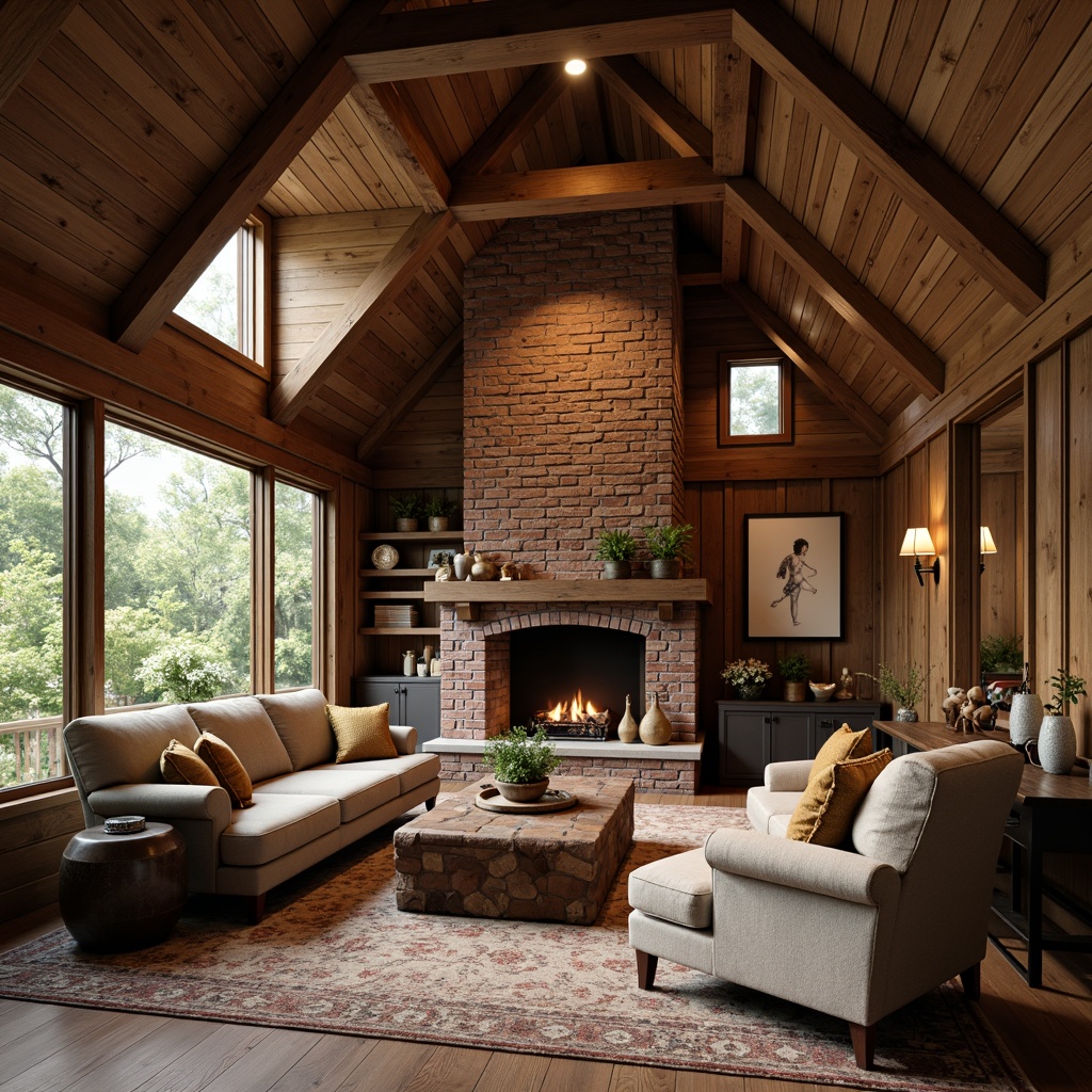 Prompt: Rustic wooden accents, earthy tones, natural textures, exposed beams, wooden trusses, cozy fireplaces, brick chimneys, pitched roofs, dormer windows, decorative trims, ornate wood carvings, vintage hardware, earthy color palette, warm ambient lighting, shallow depth of field, 3/4 composition, realistic textures, ambient occlusion.