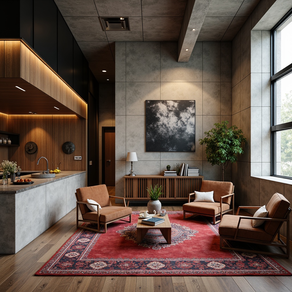 Prompt: Richly textured concrete walls, sleek metal accents, warm wooden floors, plush velvet furnishings, natural stone countertops, vibrant colorful rugs, minimalist industrial chic decor, modern eclectic style, cozy intimate atmosphere, dramatic ceiling heights, soft warm lighting, subtle shadows, 3/4 composition, realistic textures, ambient occlusion.