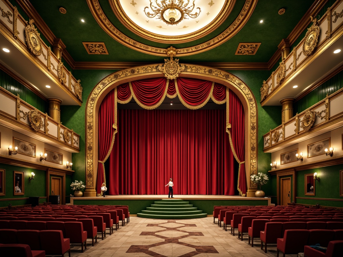 Prompt: \Vibrant opera house, eclectic style, rich jewel-toned color palette, emerald green walls, ruby red velvet curtains, golden accents, ornate details, Baroque-inspired architecture, grand chandelier, intricate moldings, luxurious textures, marble floors, warm soft lighting, dramatic spotlights, 1/1 composition, close-up shot, realistic reflections, ambient occlusion.\