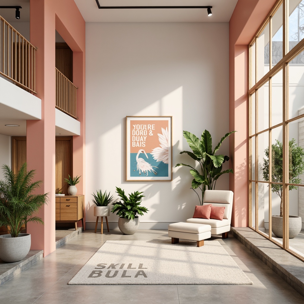 Prompt: Vibrant design studio, modern minimalist interior, sleek metal accents, pastel color scheme, soft peach tones, calming blue hues, creamy white backgrounds, bold typography, abstract geometric patterns, natural textiles, warm ambient lighting, shallow depth of field, 1/1 composition, realistic renderings, atmospheric occlusion.