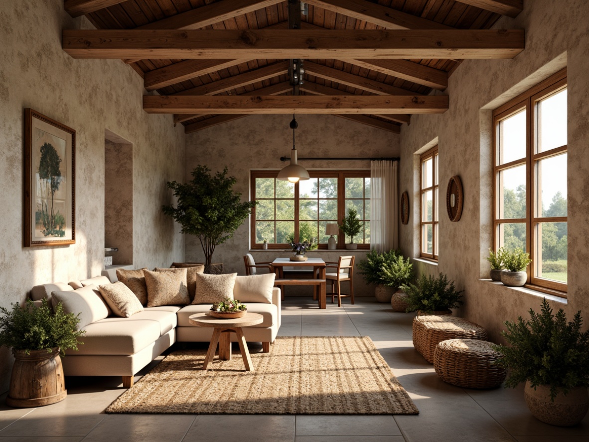 Prompt: Rustic farmhouse, natural stone walls, earthy tones, wooden beams, vintage decorations, distressed textures, warm lighting, soft shadows, 3/4 composition, shallow depth of field, realistic renderings, ambient occlusion, cozy nooks, plush furnishings, woven baskets, natural fiber rugs, reclaimed wood accents, country-inspired patterns, floral arrangements, lush greenery.