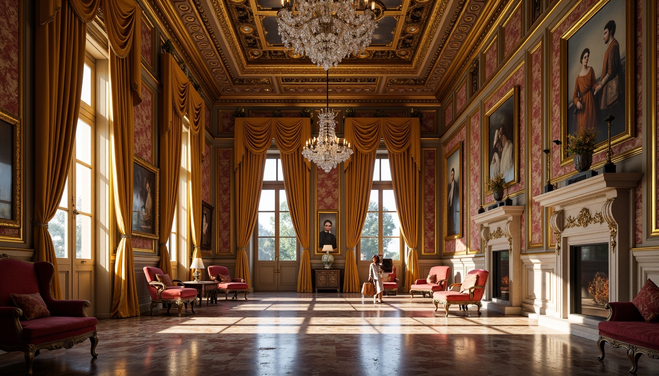 Prompt: Ornate museum interior, Renaissance-style ornamental walls, intricate gold leaf patterns, luxurious velvet drapes, grand crystal chandeliers, polished marble floors, opulent furnishings, lavish decorative molding, richly textured fabrics, warm golden lighting, shallow depth of field, 1/1 composition, symmetrical framing, realistic reflections, ambient occlusion.